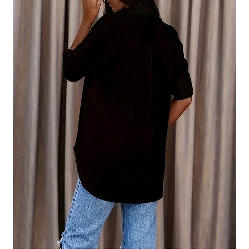 Women's Casual Long Sleeve Button-Down Shirt With Roll-Up Sleeves, Stylish Mid-Length Blouse For Everyday Wear - Velora