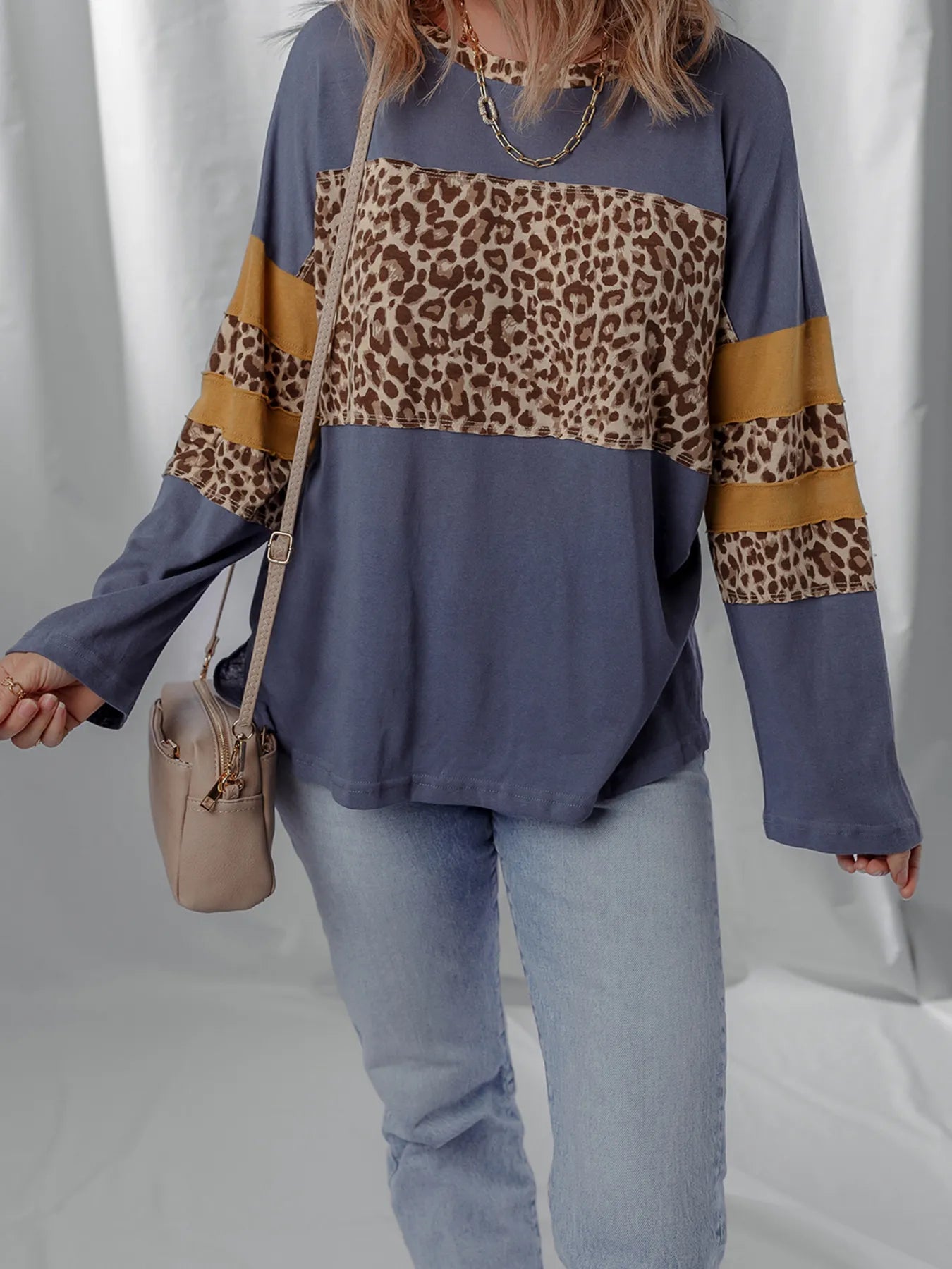 Leopard Color Block Long Sleeve Drop Shoulder Top - Velora