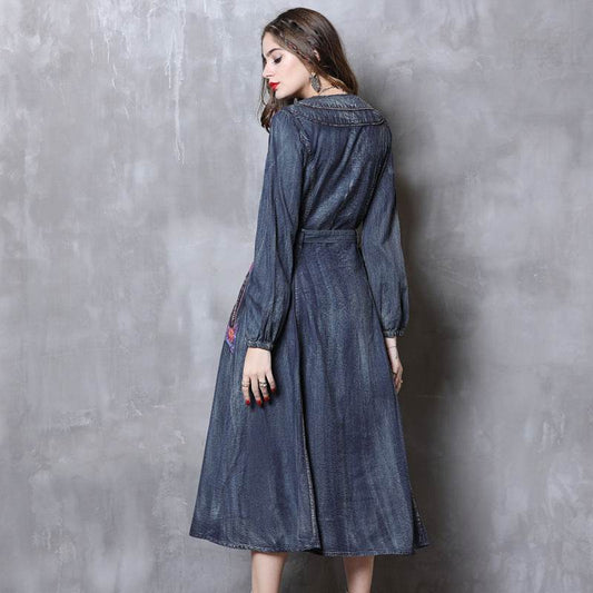 Elegant Classy Long Sleeve Denim dress with belt Flared Embroidered Jeans Dress - Velora