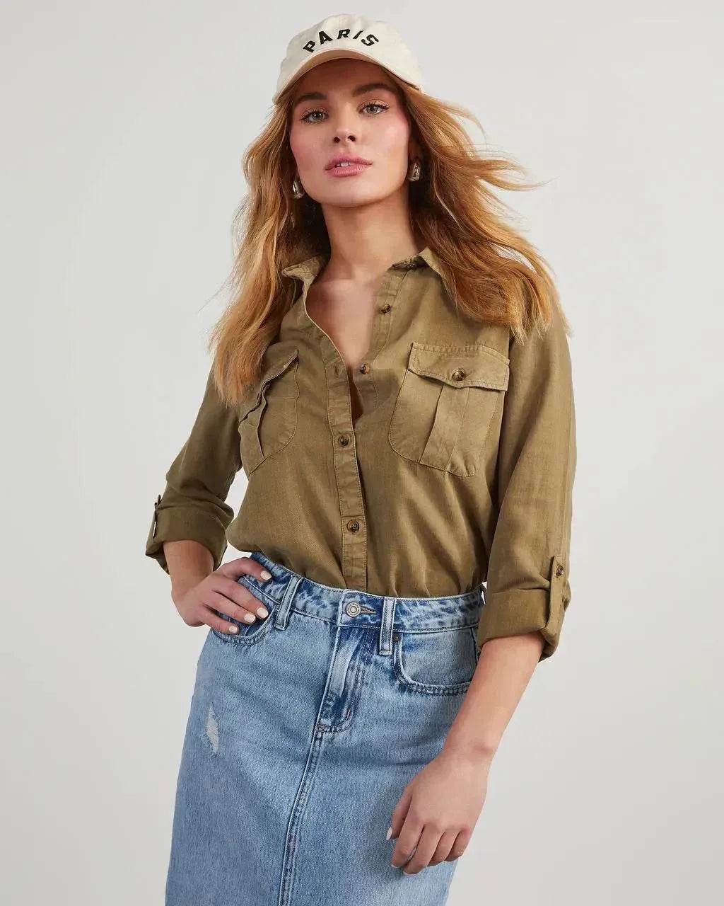 Formal Work Denim shirts for women Leisure Lapel Single Breasted Women's Long Sleeve Denim Shirt Women button down shirts - Velora