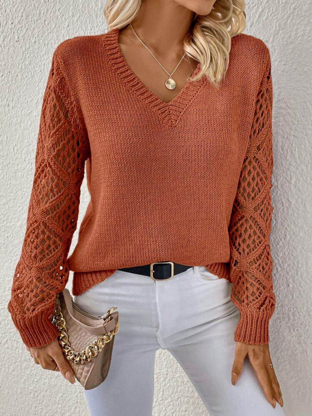 Solid V-neck Pullover Sweater With Hollow Long Sleeve Fashion Tops For Women Clothing - Velora