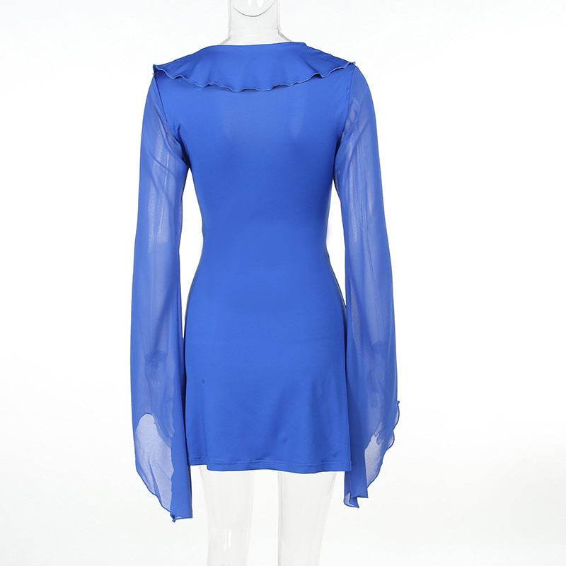 Sexy Ruffled V-neck Lace-up Long-sleeved Dress Fashion Y2K Skirt Slim Hip-covering Short Dresses For Womens Clothing - Velora