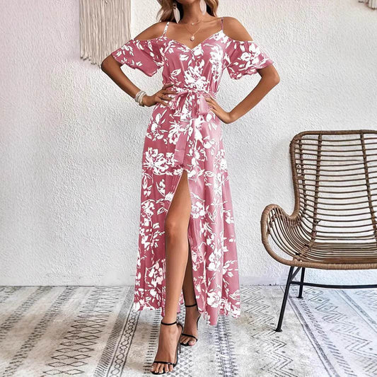 Ins Off-Shoulder Split Dress Summer Floral Print Suspender Long Dresses With Belt Design Women's Beach Clothing - Velora