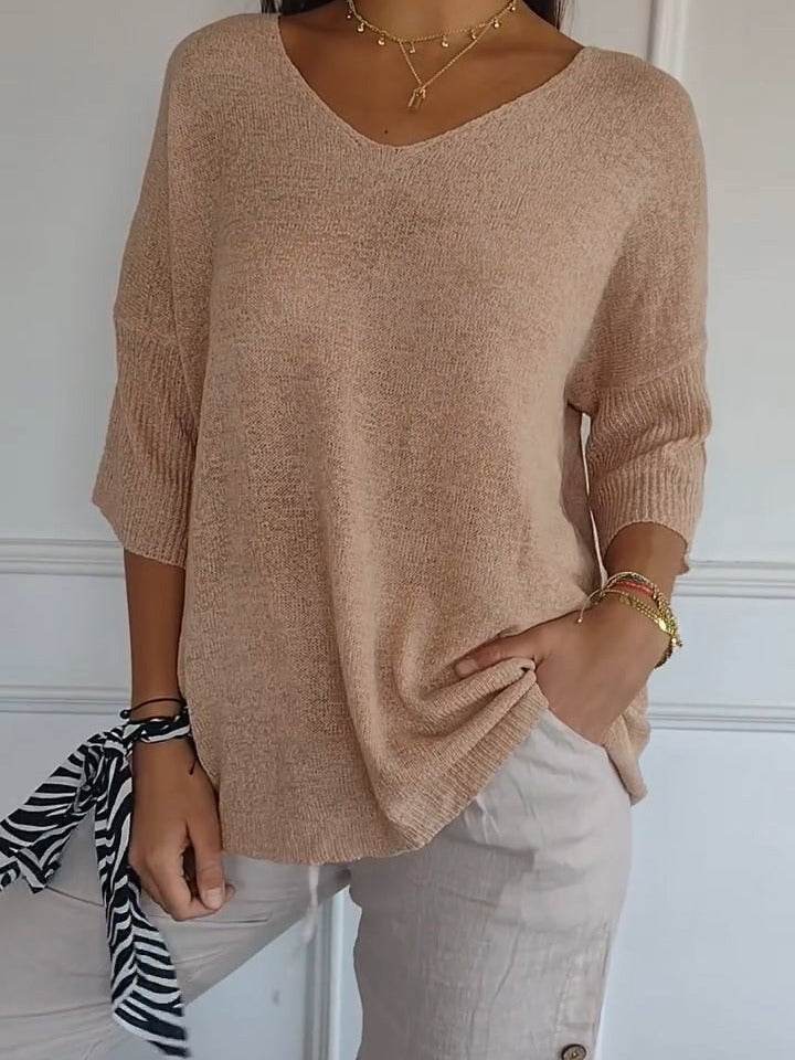 Solid Long Sleeve Sweater Slimming V-neckline Knitwear Women's Bottoming Shirt - Velora