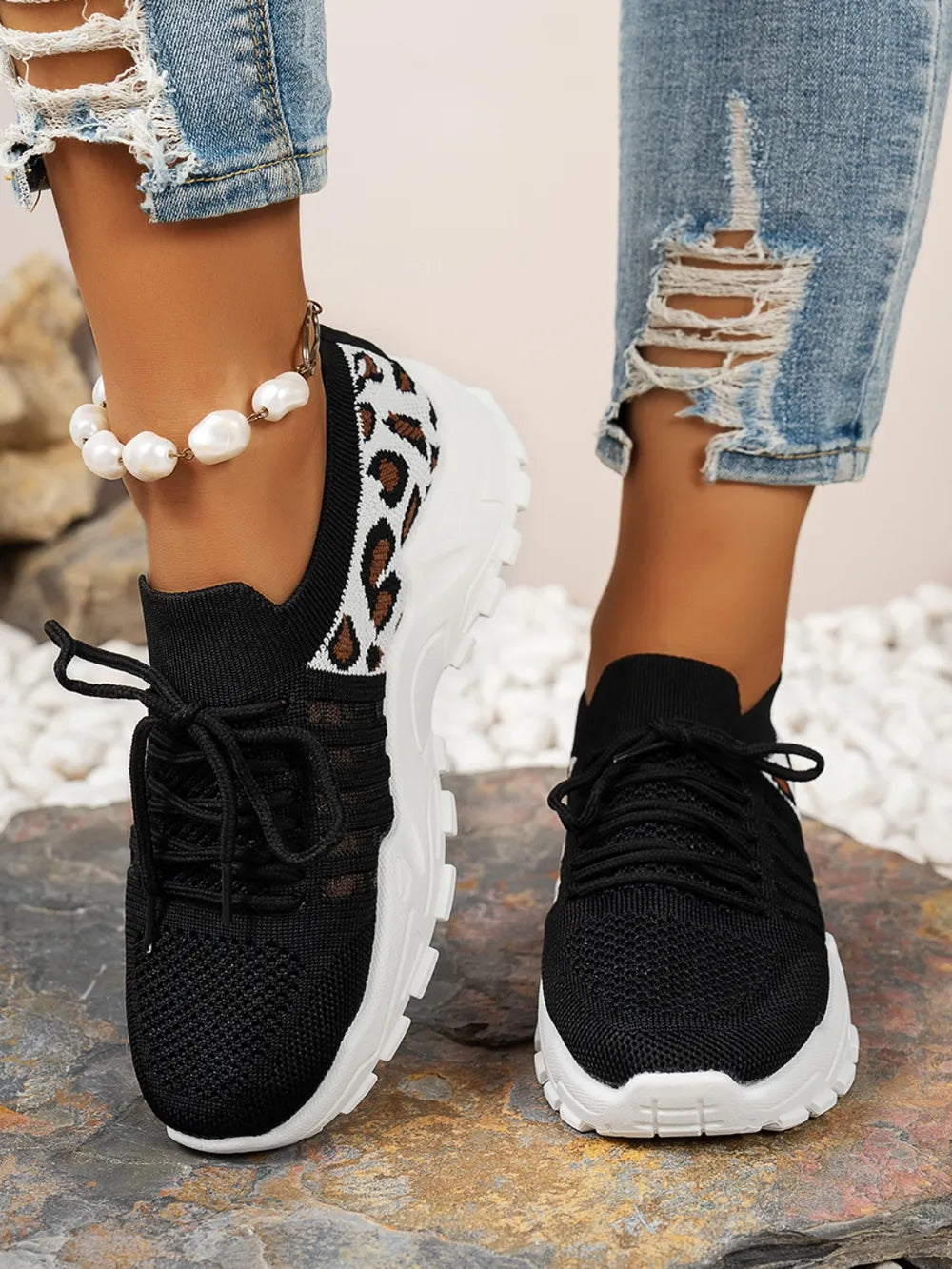 Cutout Leopard Lace Up Mesh Athletic - Velora