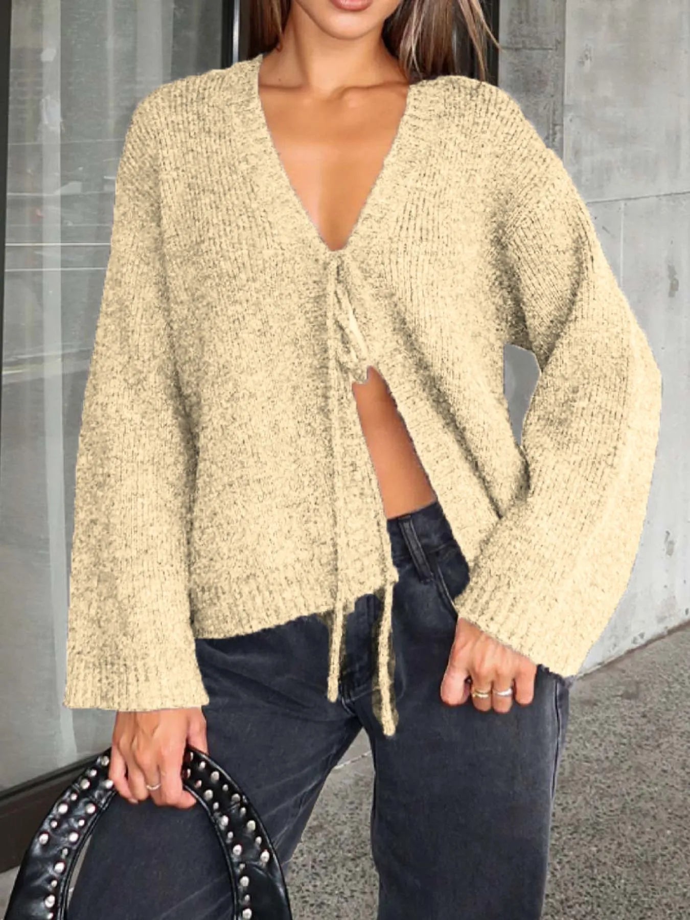 Open Front Tied Sweater Cardigan - Velora