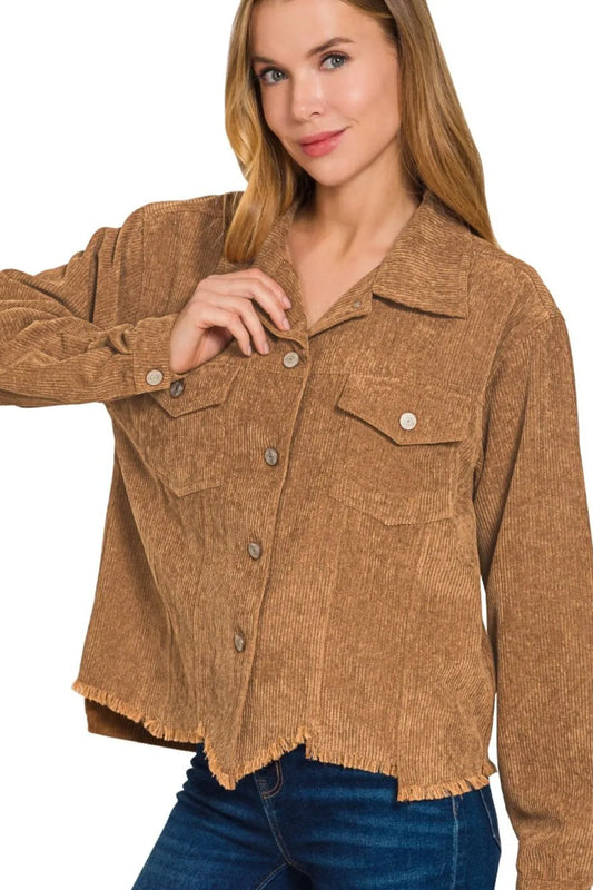 Zenana Distressed Corduroy Frayed Hem Cropped Jacket - Velora