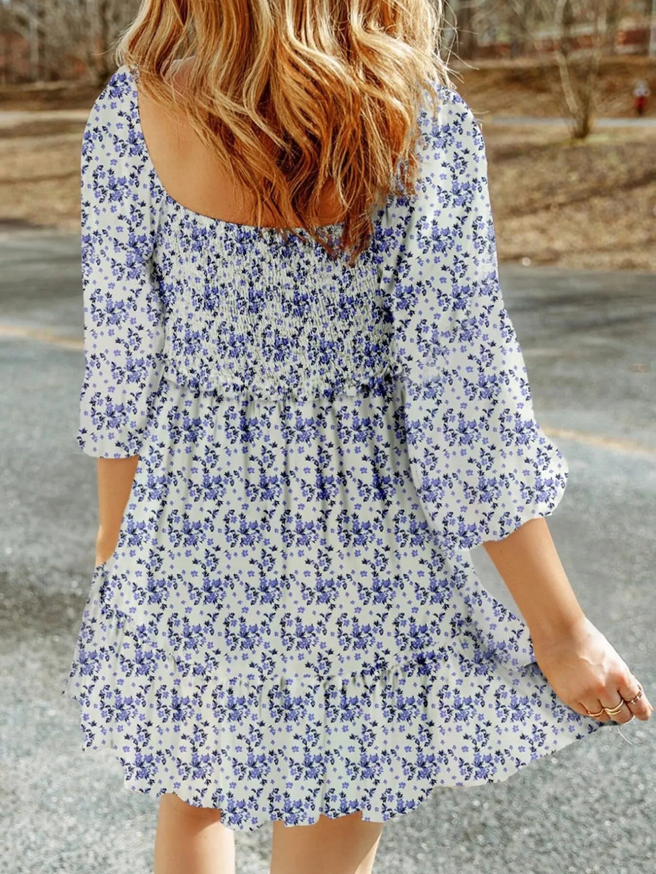 Floral Smocked Square Neck Mini Dress - Velora