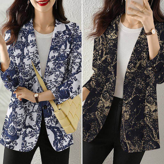 Women's Button Printed Long-sleeved Pocket Vintage Cotton And Linen jacket Blazer - Velora