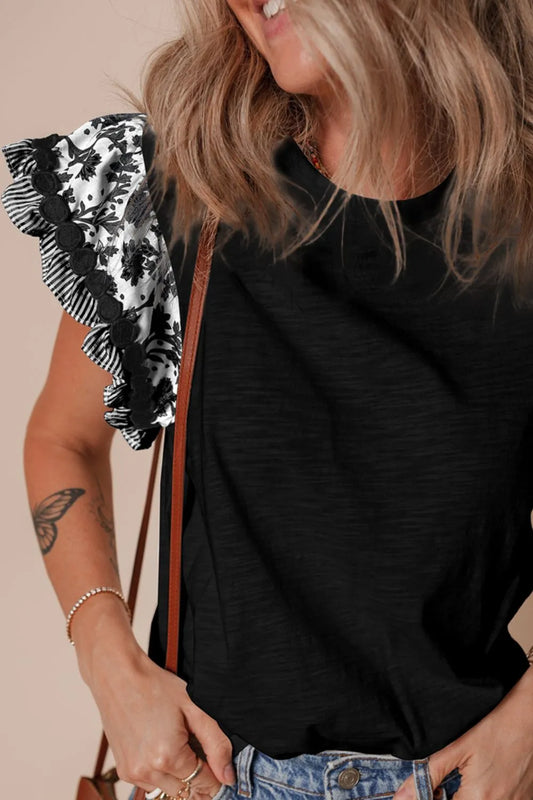 Round Neck Printed Ruffled Cap Sleeve Blouse - Velora