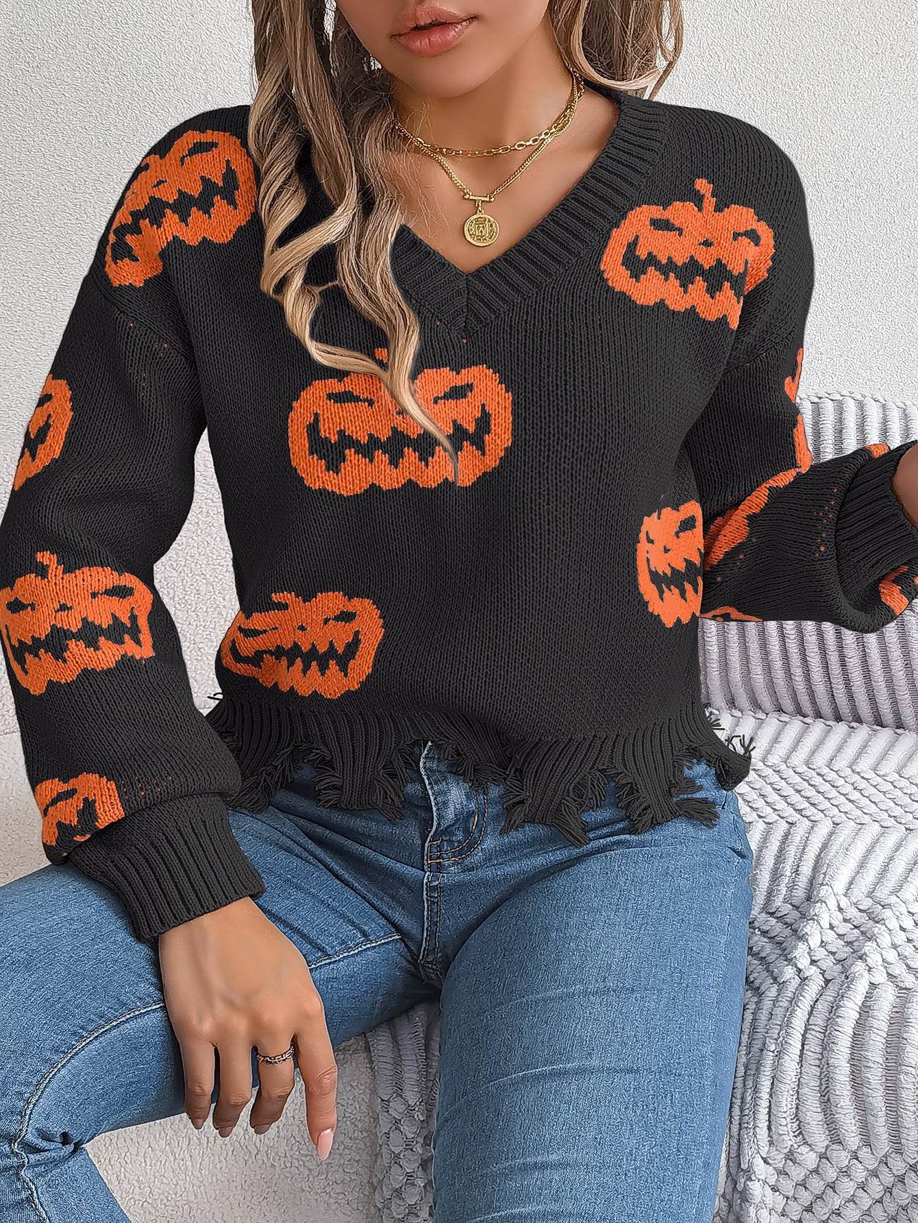 Halloween Contrast Color Pumpkin Cut Long Sleeve Sweater - Velora