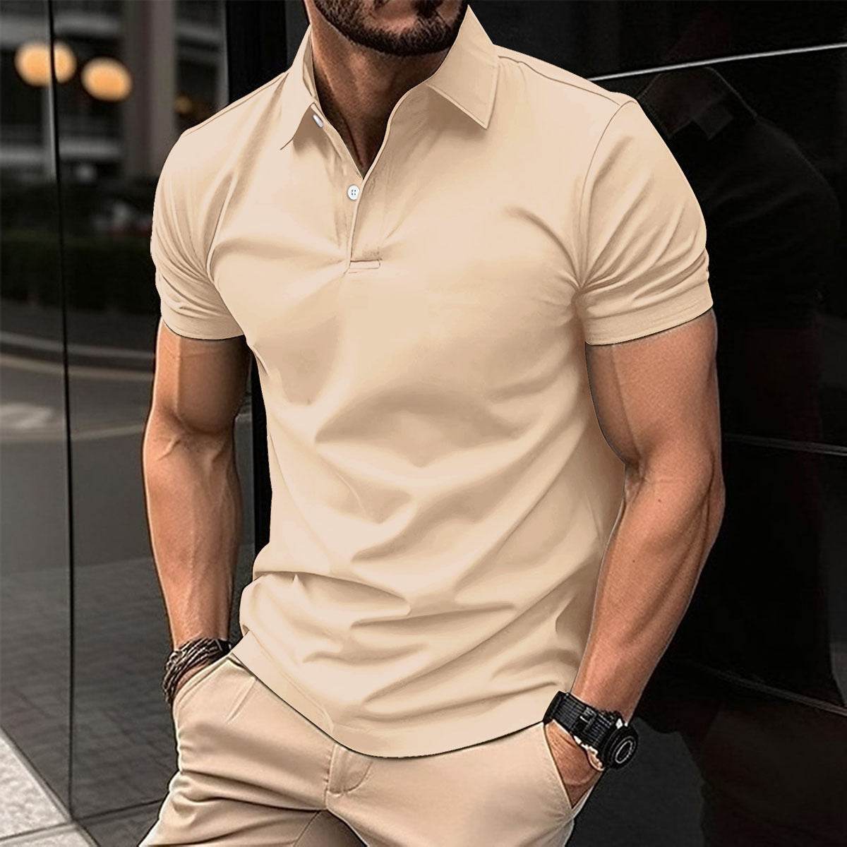 Summer Short Sleeve Polo Shirt Men Solid Color Button Lapel Button Top - Velora