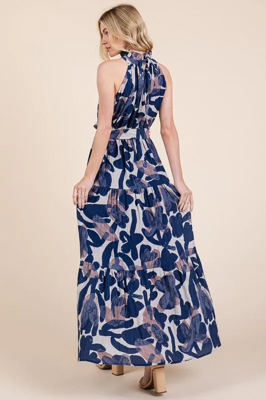 Lime 'N' Chili Abstract Halter Neck Tie-Waist Tiered Maxi Dress - Velora