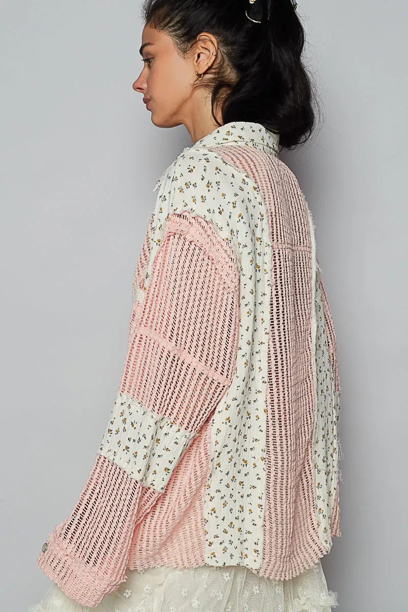 POL Floral Crochet Patchwork Long Sleeve Shirt - Velora
