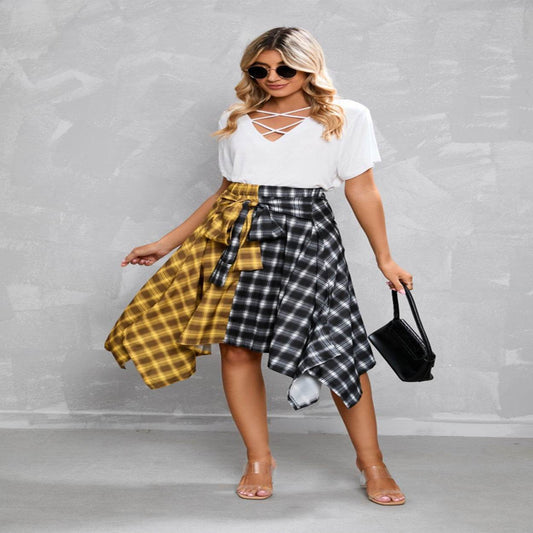 Elegant Irregular Lace-Up Check Midi Skirt street wear fashion Women's Plaid Skirts High Waisted Knot Front Asymmetrical Hem Mini Skater Skirt - Velora