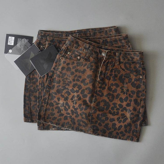 Leopard Print Mini Denim Skirt Women's High Waist Pencil Skirt - Velora