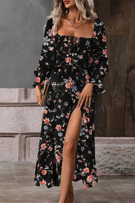 Floral Print Flounce Sleeve Midi Dress - Velora
