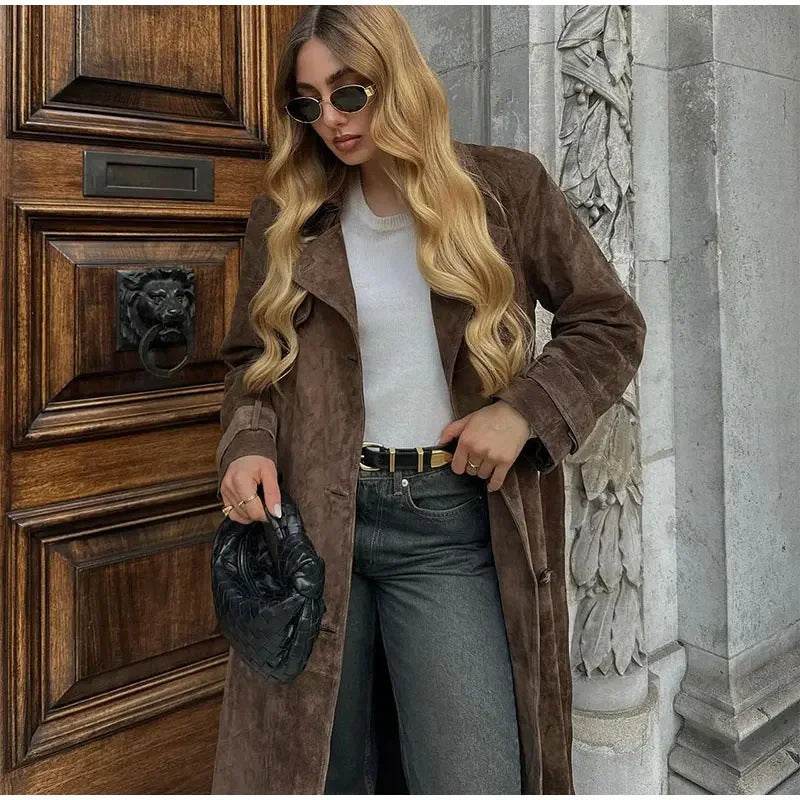 Double Breasted Lapel Shift Coat With Belt Fashion Vintage Suede Long Coat Winter Outwear Women's Clothing - Velora