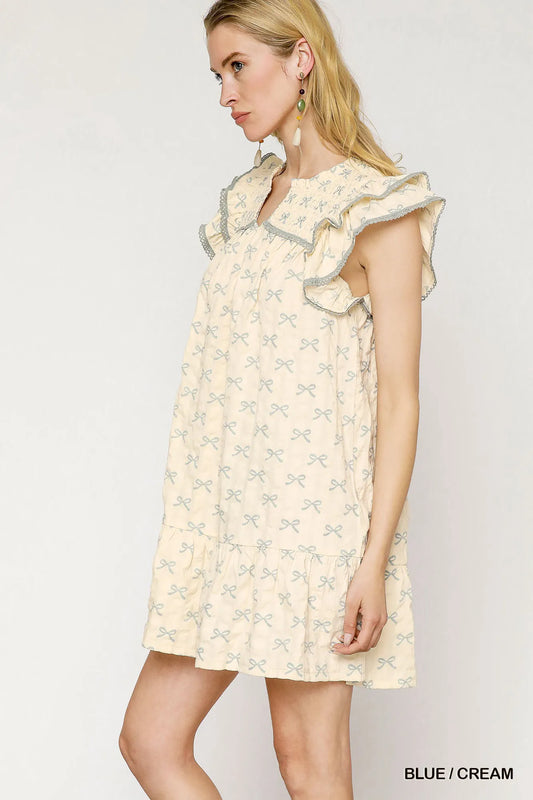 Umgee Bow Print Ruffled Cap Sleeve Mini Dress - Velora