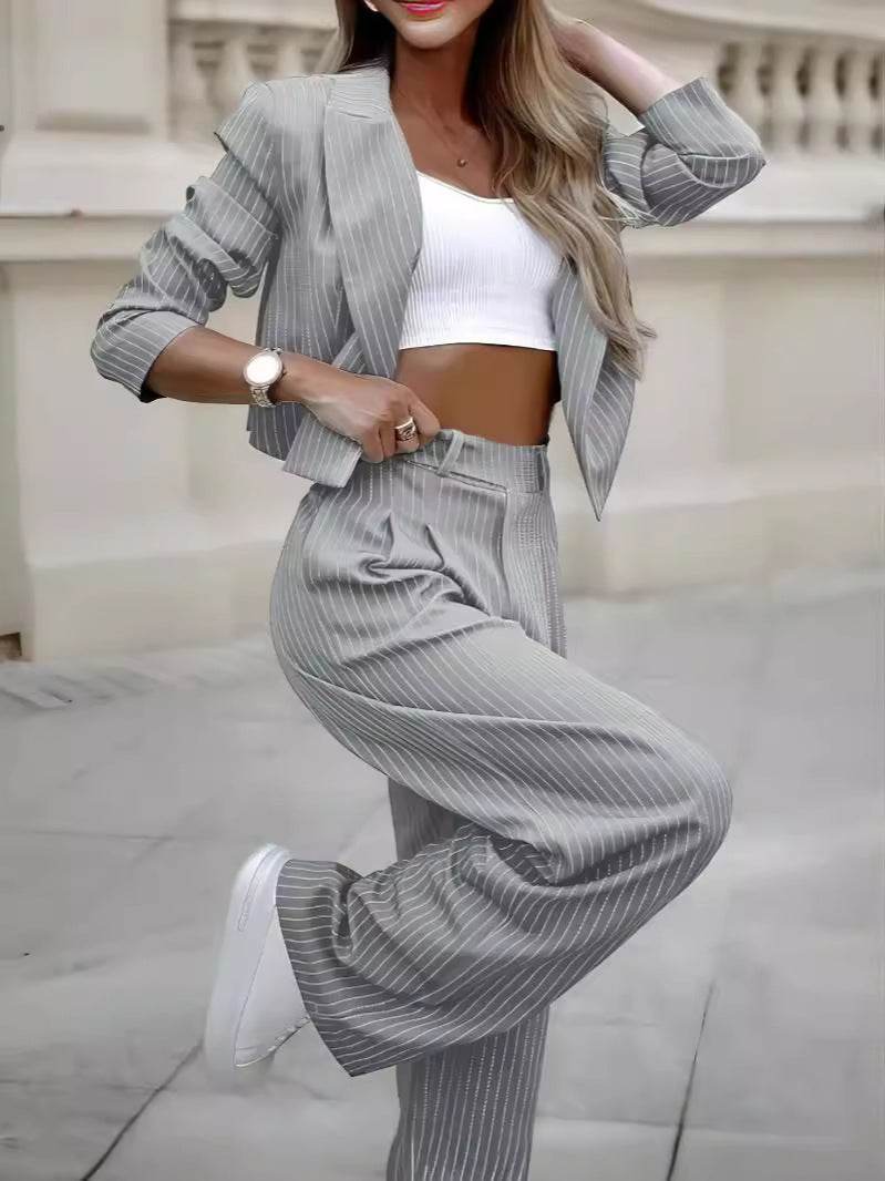 Fashion Striped Suits Casual Lapel Long Sleeve Cropped Top And Straight Pants Outfits Women's Clothing - Velora