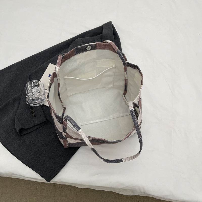 Women's Large Capacity Denim Color-contrast Check Idle Style Shoulder Commute Leisure Handbag Versatile Tote Bag - Velora