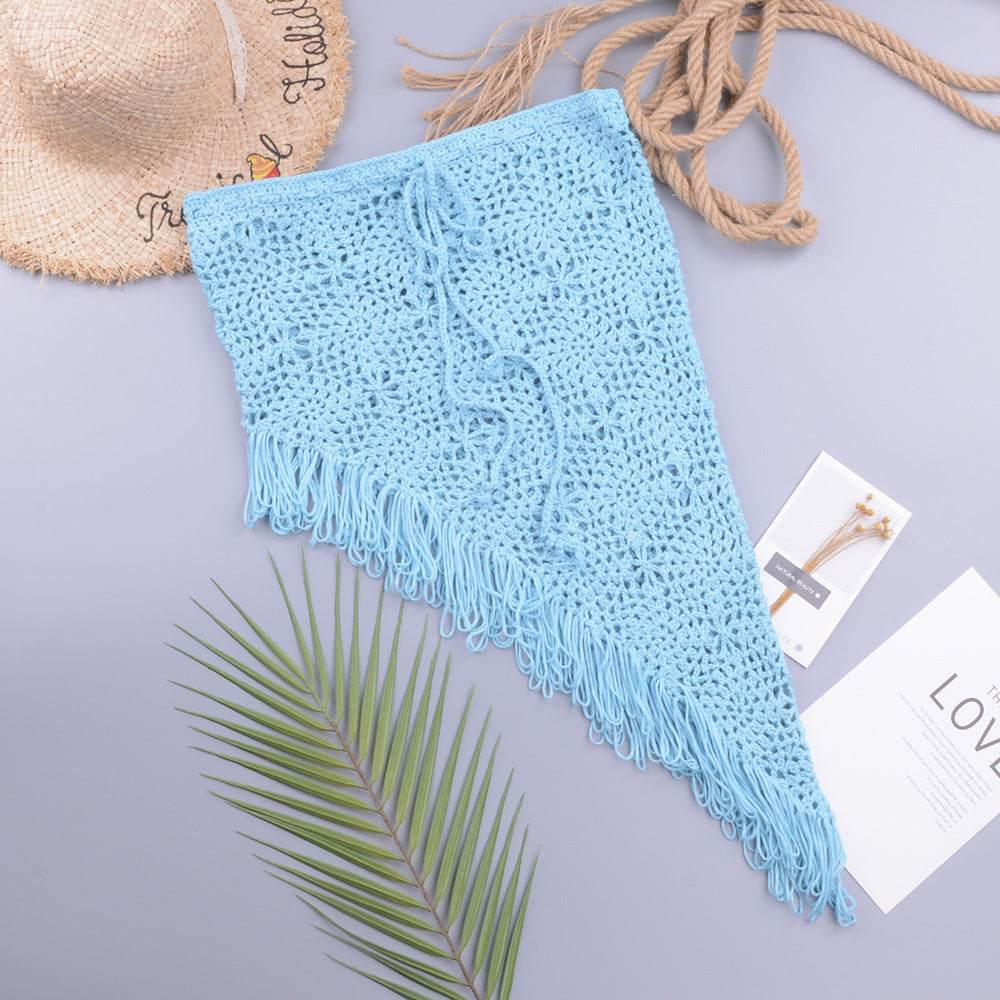 European And American Women's See Through Hollow Knitted tassel fringe Slant Beach Skirt - Velora