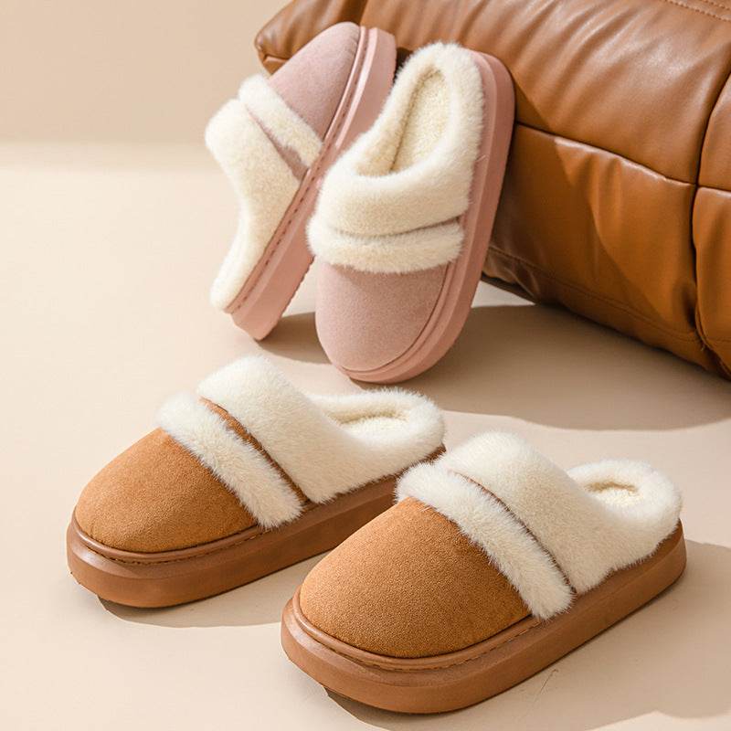 Fashion Warm Cotton Slippers For Women Leisure Thick Bottom Non-slip Plus-velvet House Shoes Winter Bedroom Floor Suede Slipper - Velora