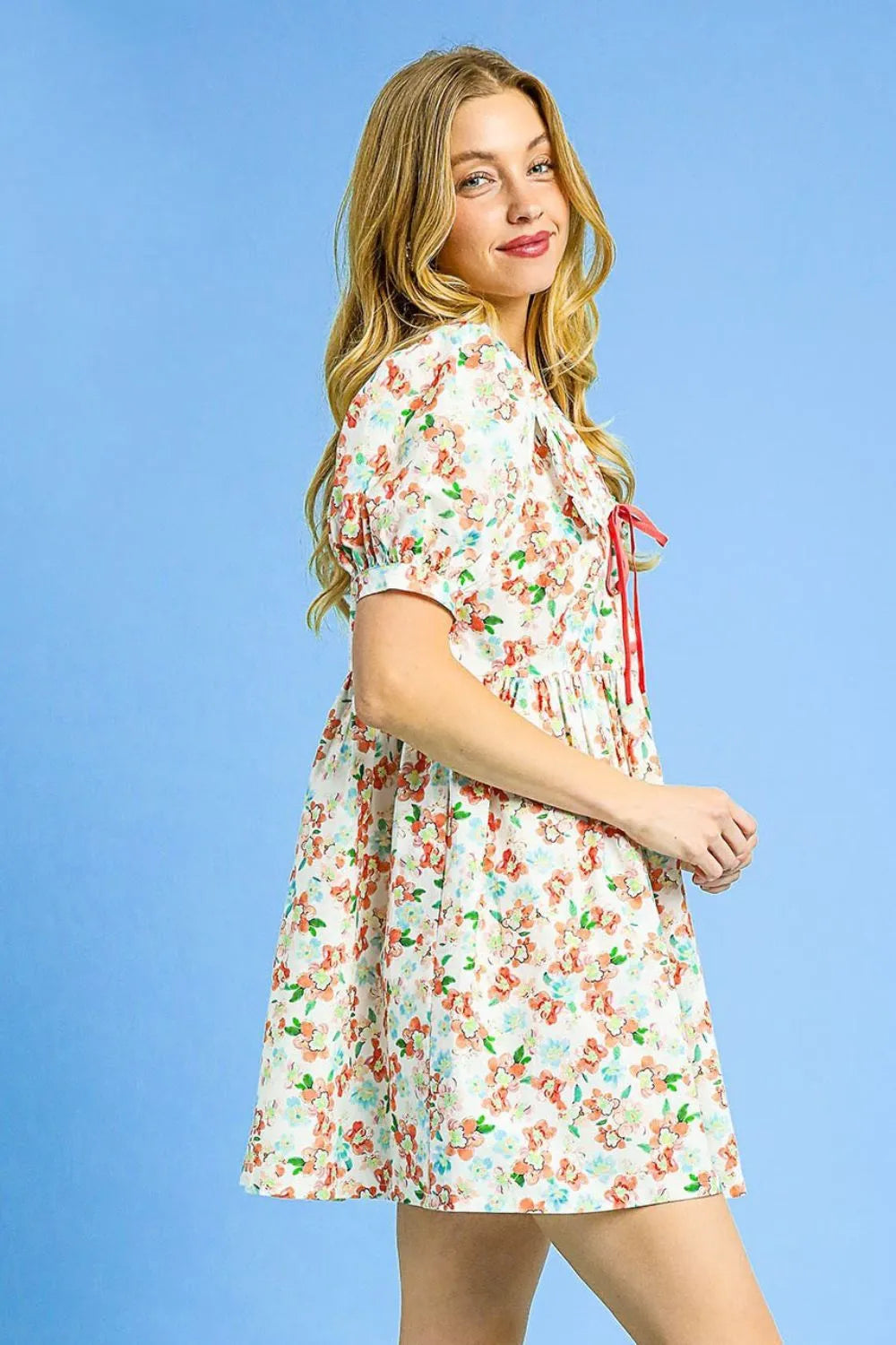 Umgee Floral Print Puff Sleeve Tie Front Mini Dress - Velora