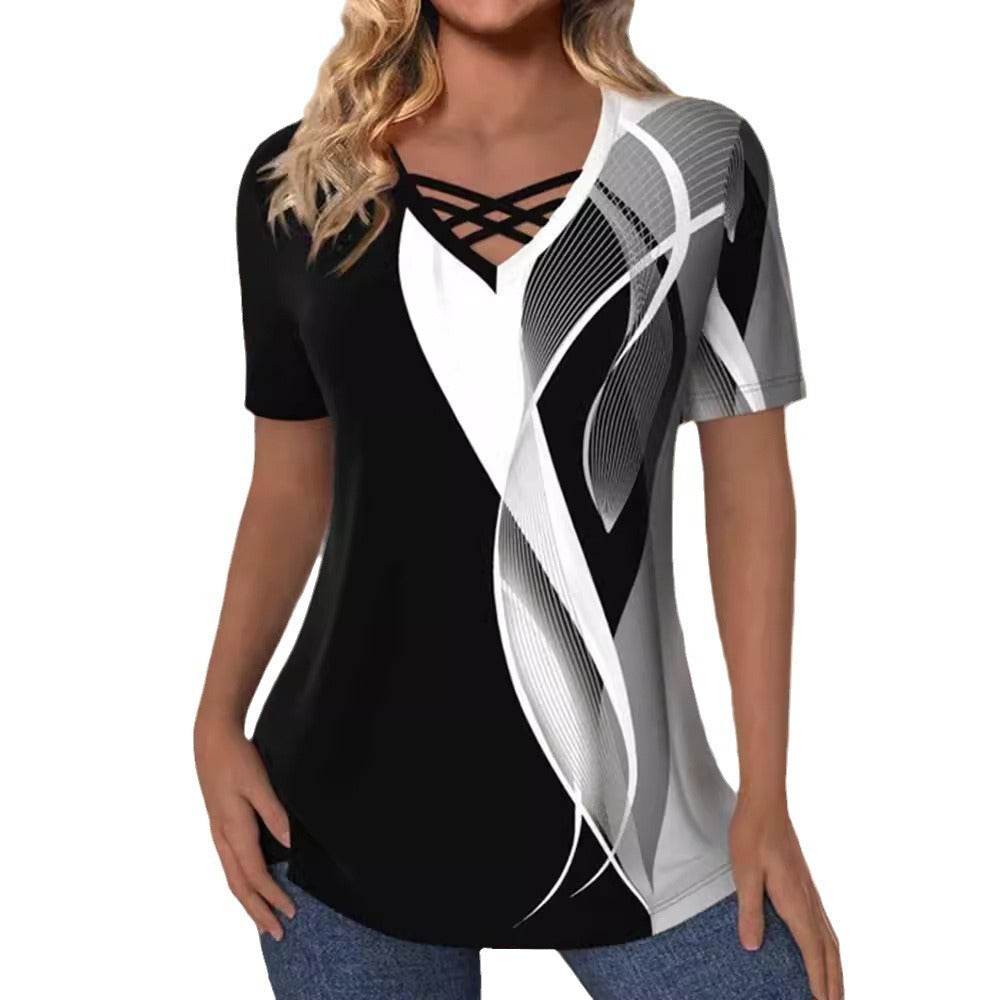 Fashion Printed V-neck Short-sleeved tunic Top For Women - Velora
