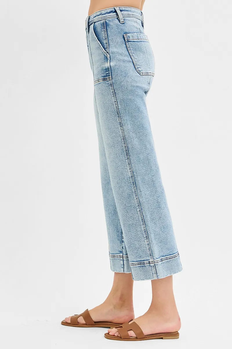 RISEN Full Size High Rise Crop Wide Front Seam Detailed Jeans Plus Size - Velora