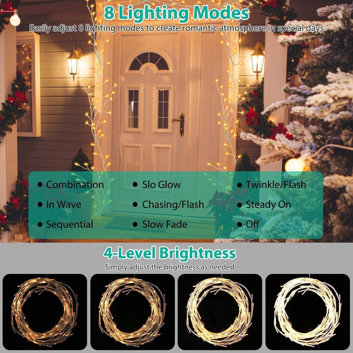 1Pc 7.87FT Lighted Birch Garland Lighted Twig Vine Lights 144LED Birch Garland With Lights String Light With Timer 8 Modes IP45 Waterproof For Christmas Fireplace Home Decoration - Velora
