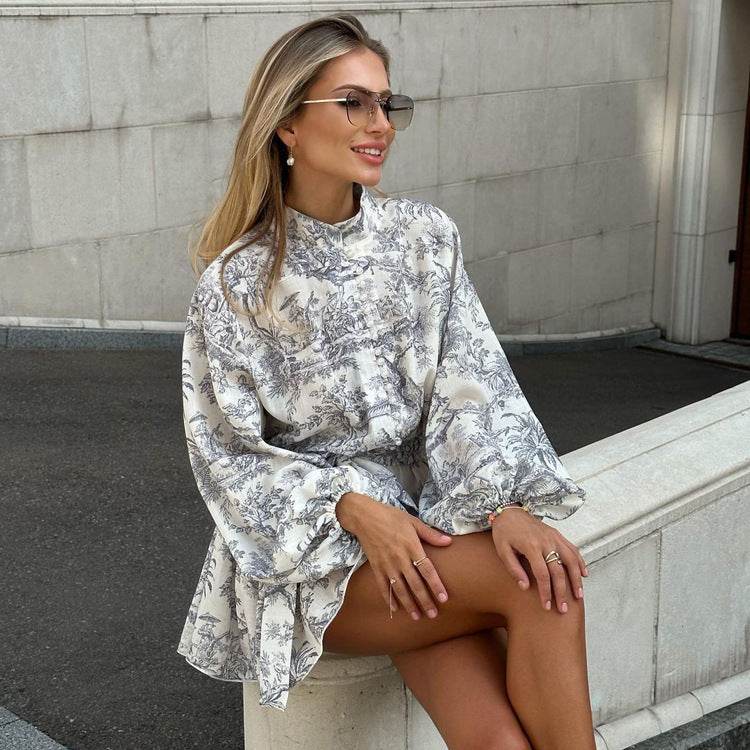 Ink Print Long Sleeve Short Dress With Fashion Puffy Sleeve Lapel Tie A-Line Dress Clothing - Velora