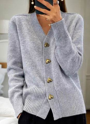 V-neck Knitted Sweater With Love Button Fashion Solid Long-sleeved Cardigan Spring And Autumn Women's Clothing - Velora