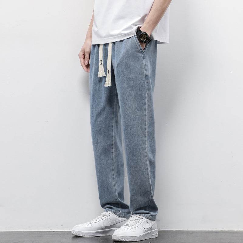 Summer Loose Wide Leg Jeans Pants Men Fashion Drawstring Elasticated Straight Trousers - Velora
