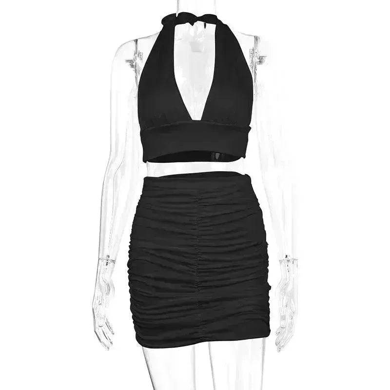 2pcs Dress Suits For Women Halter Lace-up Hip Top And Pleated Hip-covering Skirt - Velora
