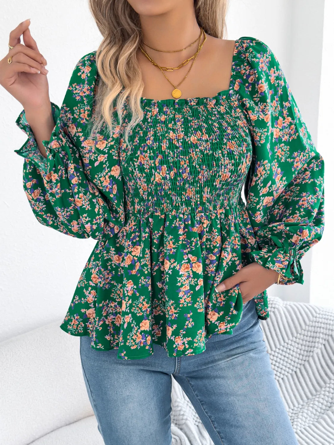 Floral Square Neck Flounce Sleeve Blouse - Velora
