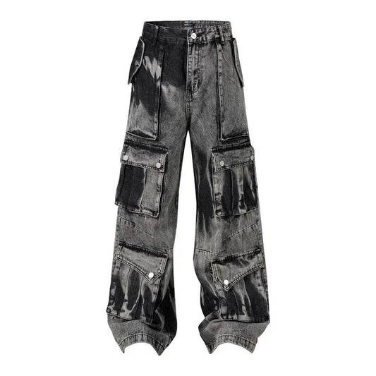 Street Retro Washed Distressed Tie-dye Multi-pocket Denim Trouser Unisex Baggy Cargo Denim Jeans Pants - Velora