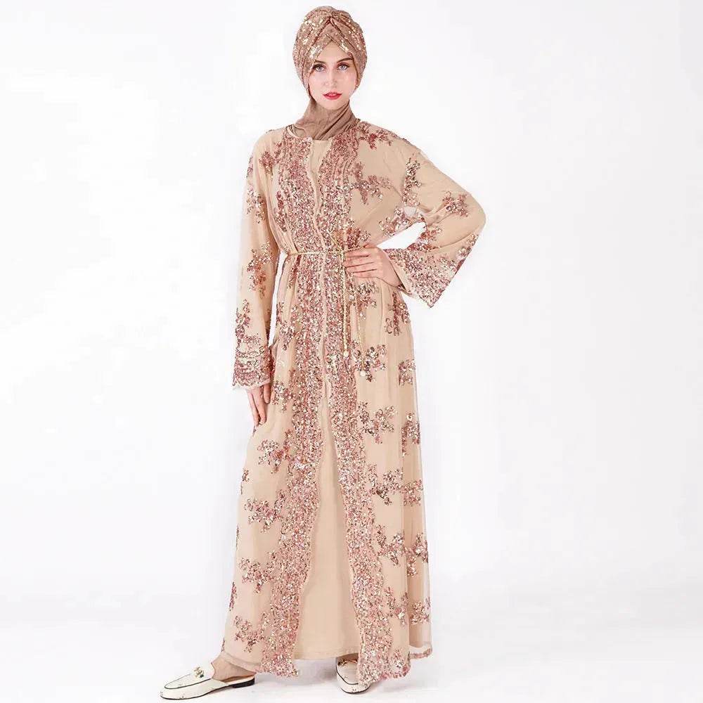 White Chiffon Sequin Embroidery Dubai Abaya Kimono Middle East ArabClothing - Velora