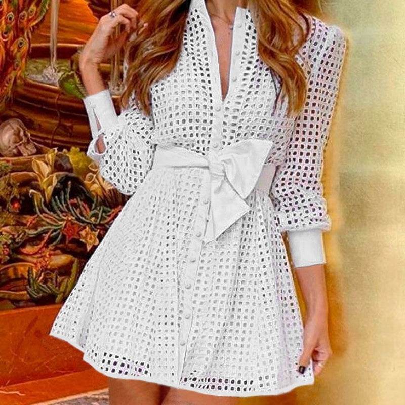White Mesh Long Sleeve Fitted Waist Shirt Dress - Velora