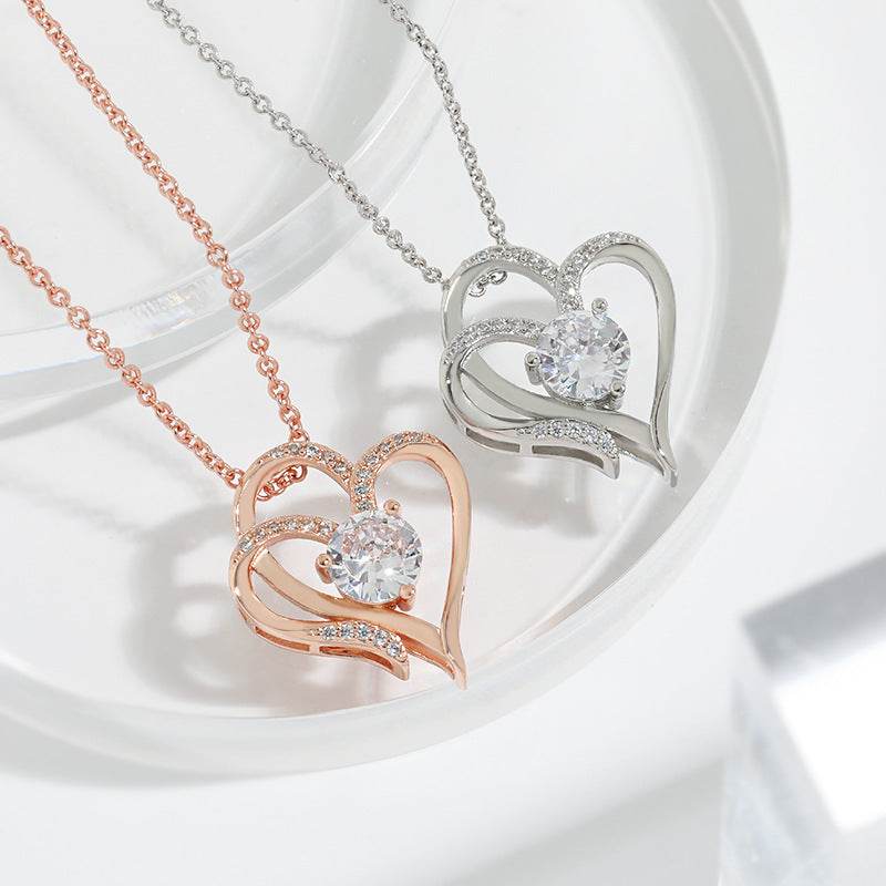 Zircon Double Love Necklace With Rhinestones Ins Personalized Heart-shaped Necklace Clavicle Chain Jewelry For Women Valentine's Day - Velora