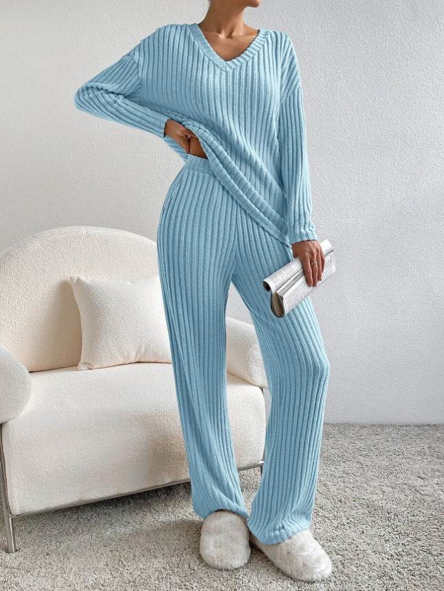 Fashion Solid Striped Suit V-neck Long-sleeved Top And Casual Straight Pants Loose Temperament Women's Clothing - Velora