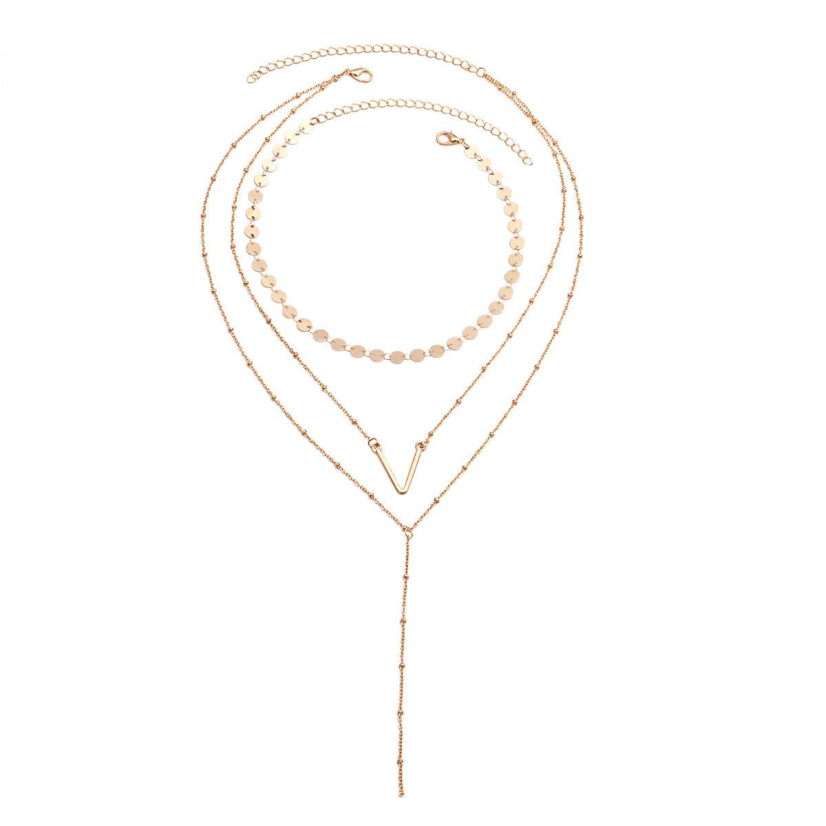 Vintage sequin alloy V-shaped pendant sweater chain Simple clavicle multilayer necklace - Velora