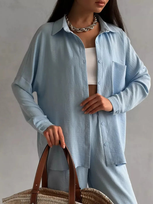 Button Up Long Sleeve Shirt and Pants Set - Velora