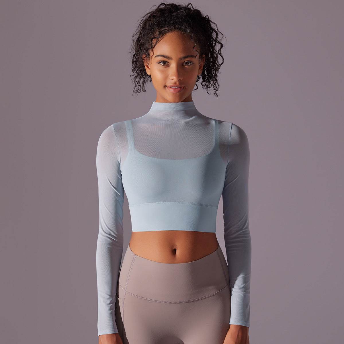 Quick Drying Gym Slim Fit Mesh Turtleneck Long Sleeve Workout Crop Top - Velora