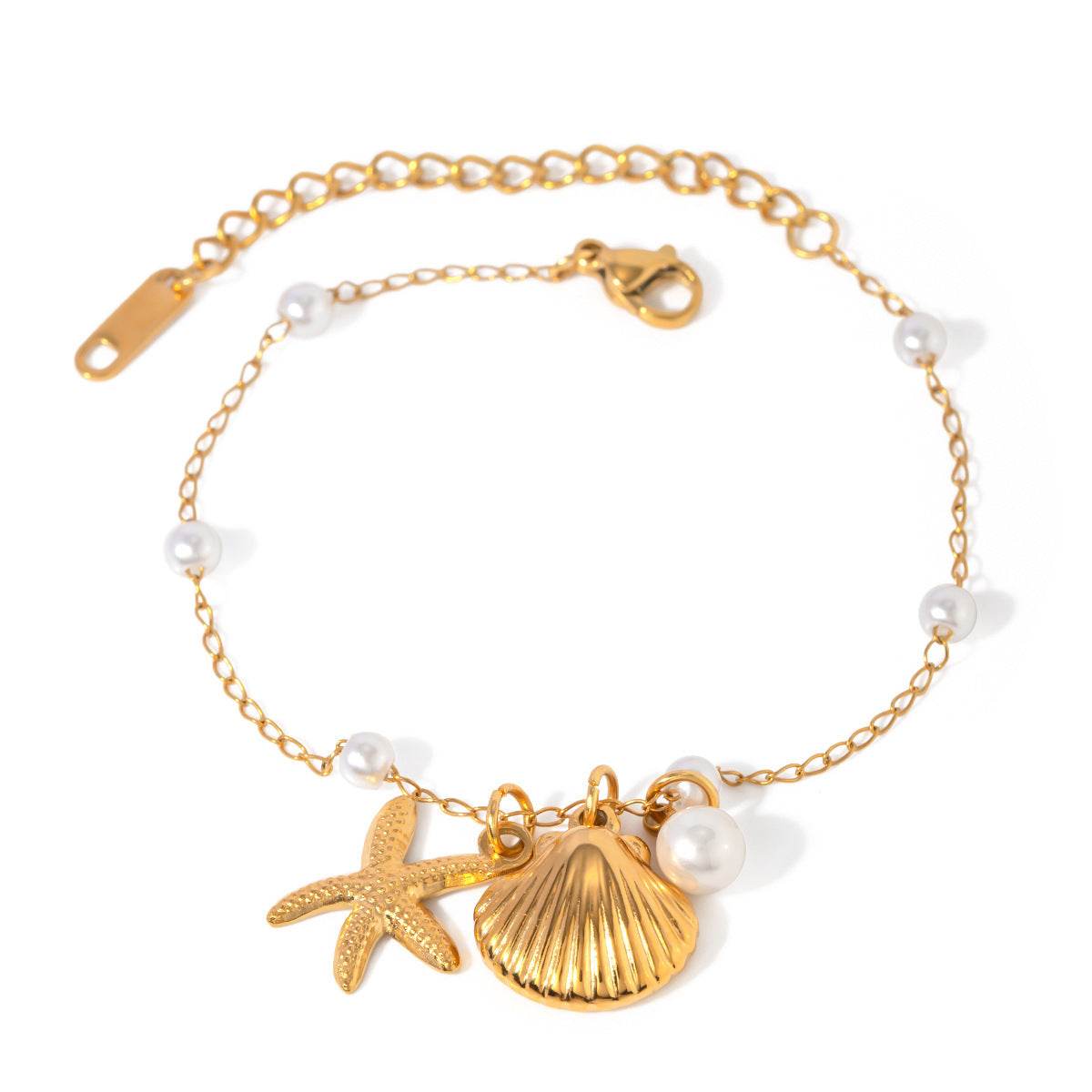 Fashion Jewelry 18K Gold Stainless Steel Pearl Chain Summer Holiday Shell Starfish Pendant Bracelet - Velora