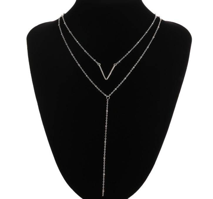 Vintage sequin alloy V-shaped pendant sweater chain Simple clavicle multilayer necklace - Velora