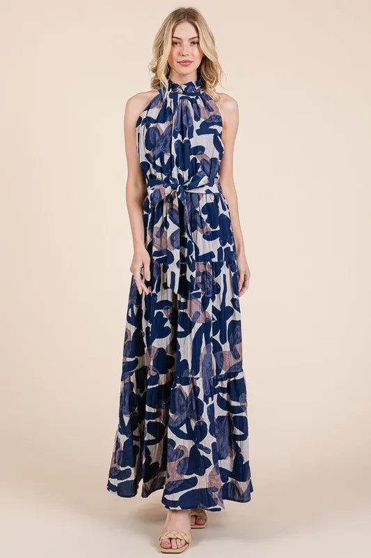 Lime 'N' Chili Abstract Halter Neck Tie-Waist Tiered Maxi Dress - Velora