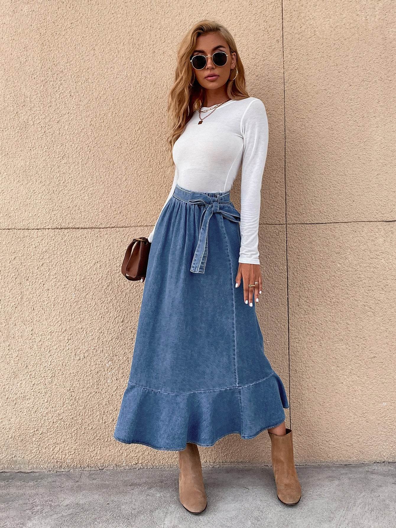 Ladies Fashion Casual Ruffled Blue Denim Maxi Skirt Women - Velora