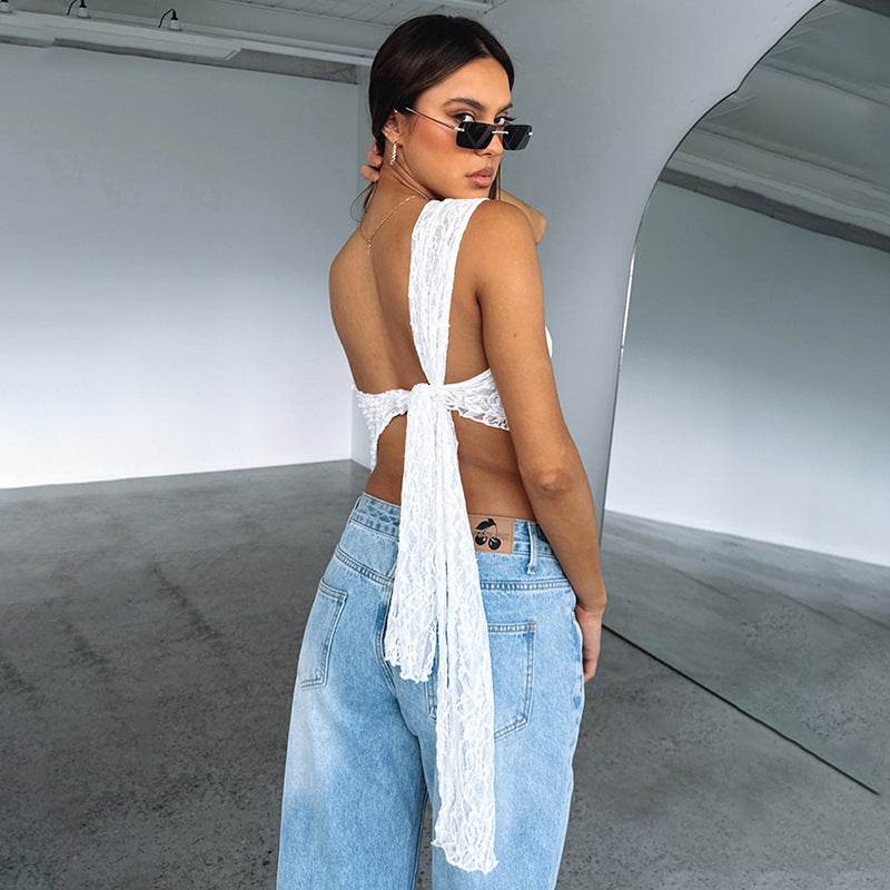 Ins Lace Backless Top Summer Solid Color Waistless Asymmetrical Sloped Neck Vest Streetwear Womens Clothes - Velora