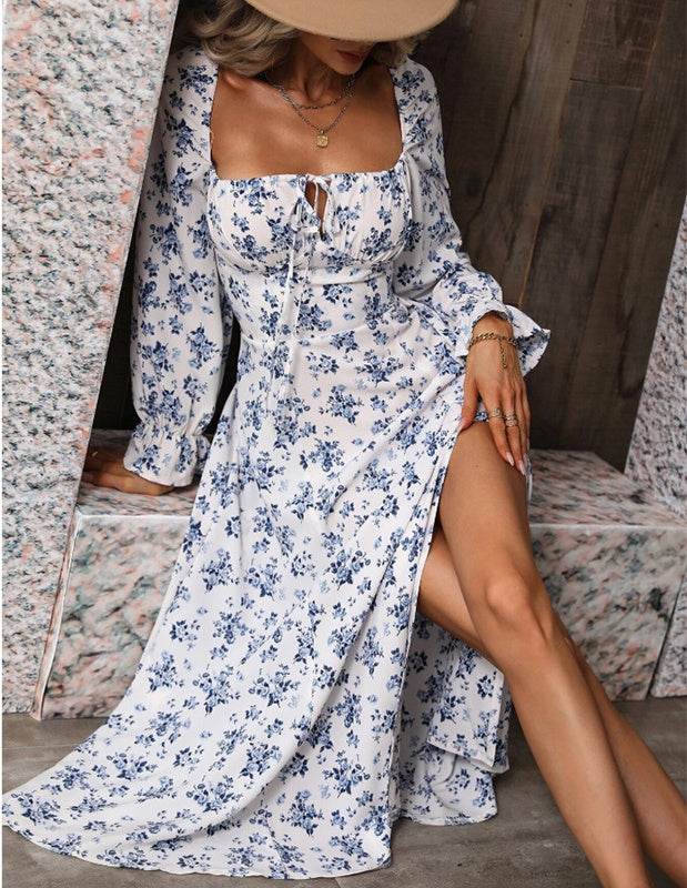 Flowers Printing Long Sleeve Dress Fashion Square-neck Bottom Slit Dresses Womens Clothing - Velora